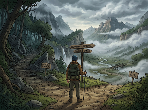 an AI generated cartoon image of a hiker facing a fork in the road